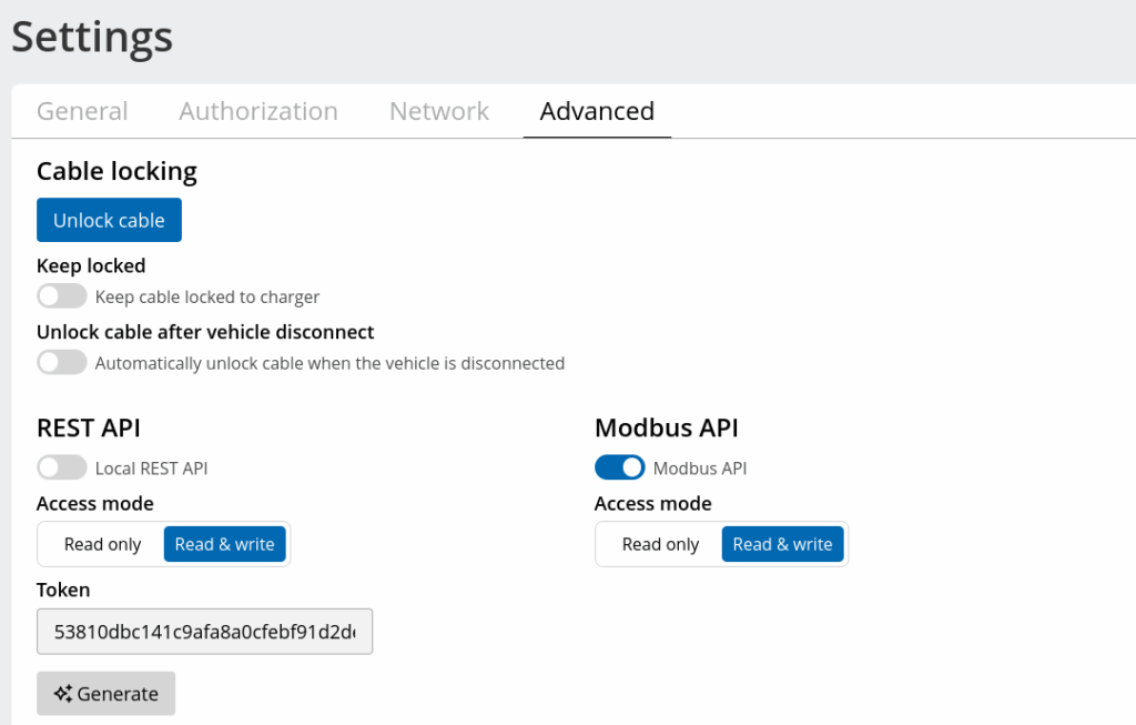 Peblar Modbus API settings