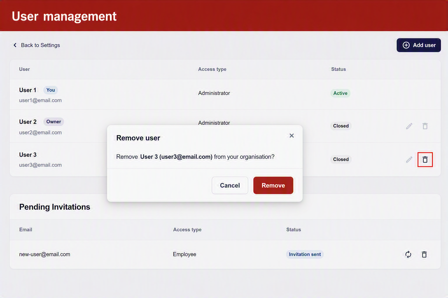 Delete user confirmation popup