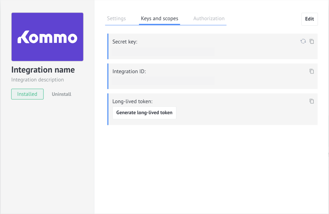 To create a long-lived token, open the **Keys and scopes** tab, click the **Generate long-lived token** button, select the expiration date of the token and copy the token.