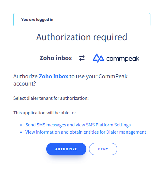 Screenshot with authorizing Zoho