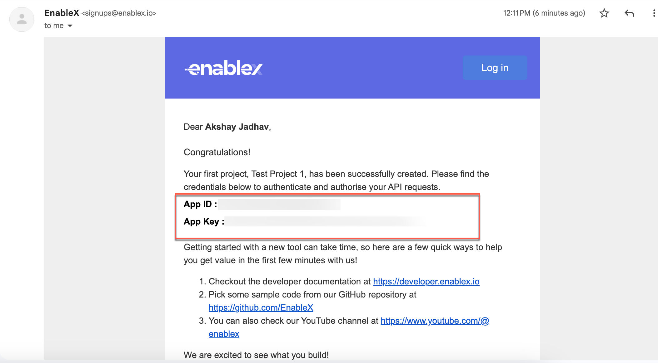 SMS API credentials via Email