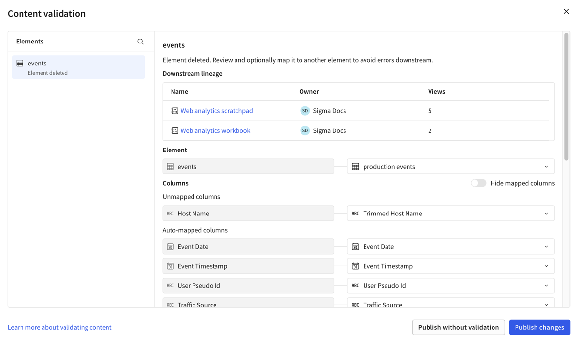 Content validation modal showing an events table that has been deleted, with the downstream lineage showing a Web analytics scratchpad and a Web analytics workbook as affected documents. The deleted events element is mapped to the production events element. A column that was different between the two elements, Host Name in the events element is mapped to the Trimmed Host Name column in the production events element. The remaining columns are listed as Auto-mapped columns.