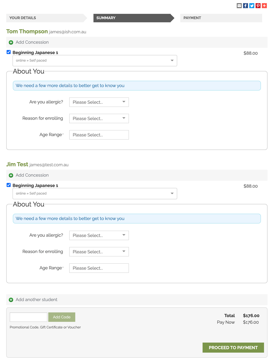 Multiple student enrolling in multiple classes