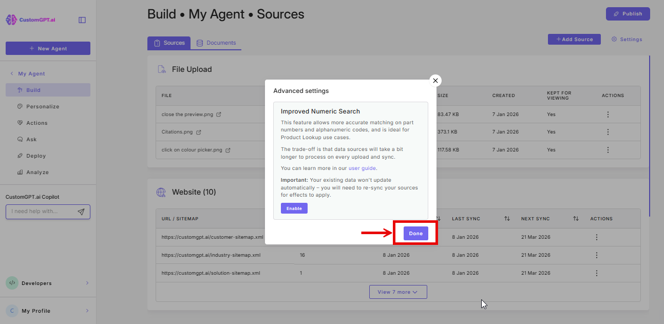 Done button on the Improved Numeric Search modal on the Build page