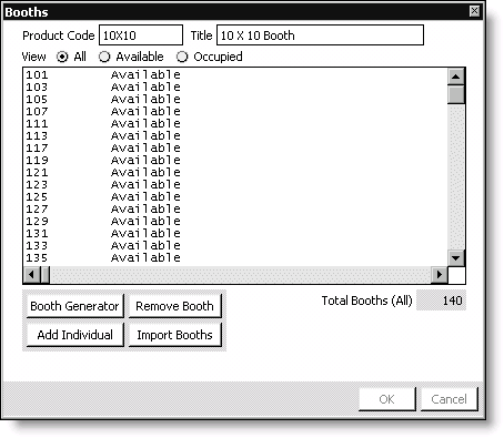 From Exposition, select Set up an exposition, double-click an exposition, double-click an exposition product, and click Booth