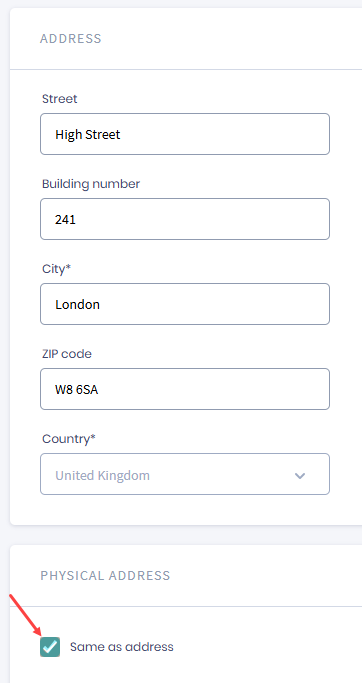 Screenshot of the Address section