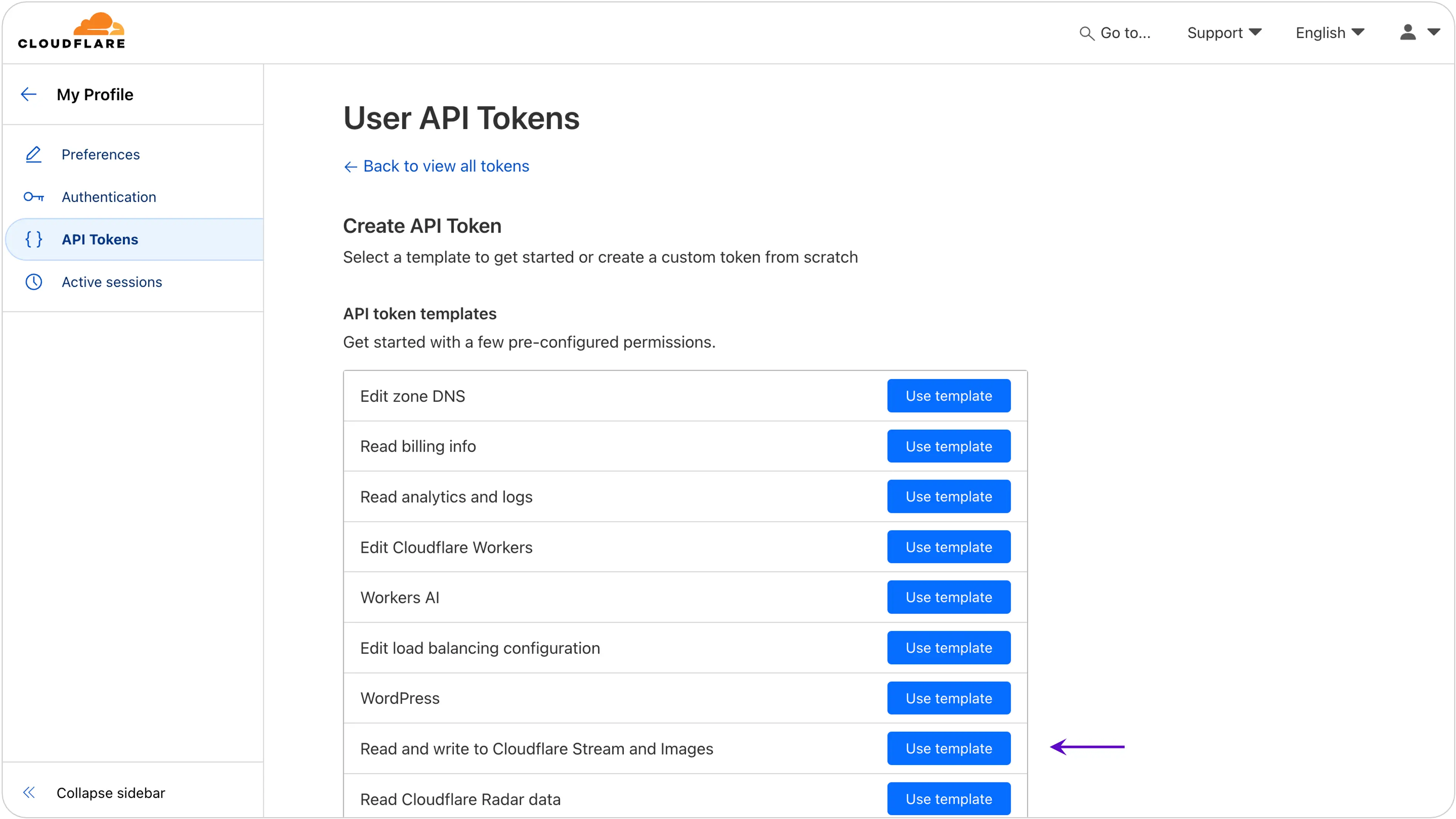 Access API tokens section