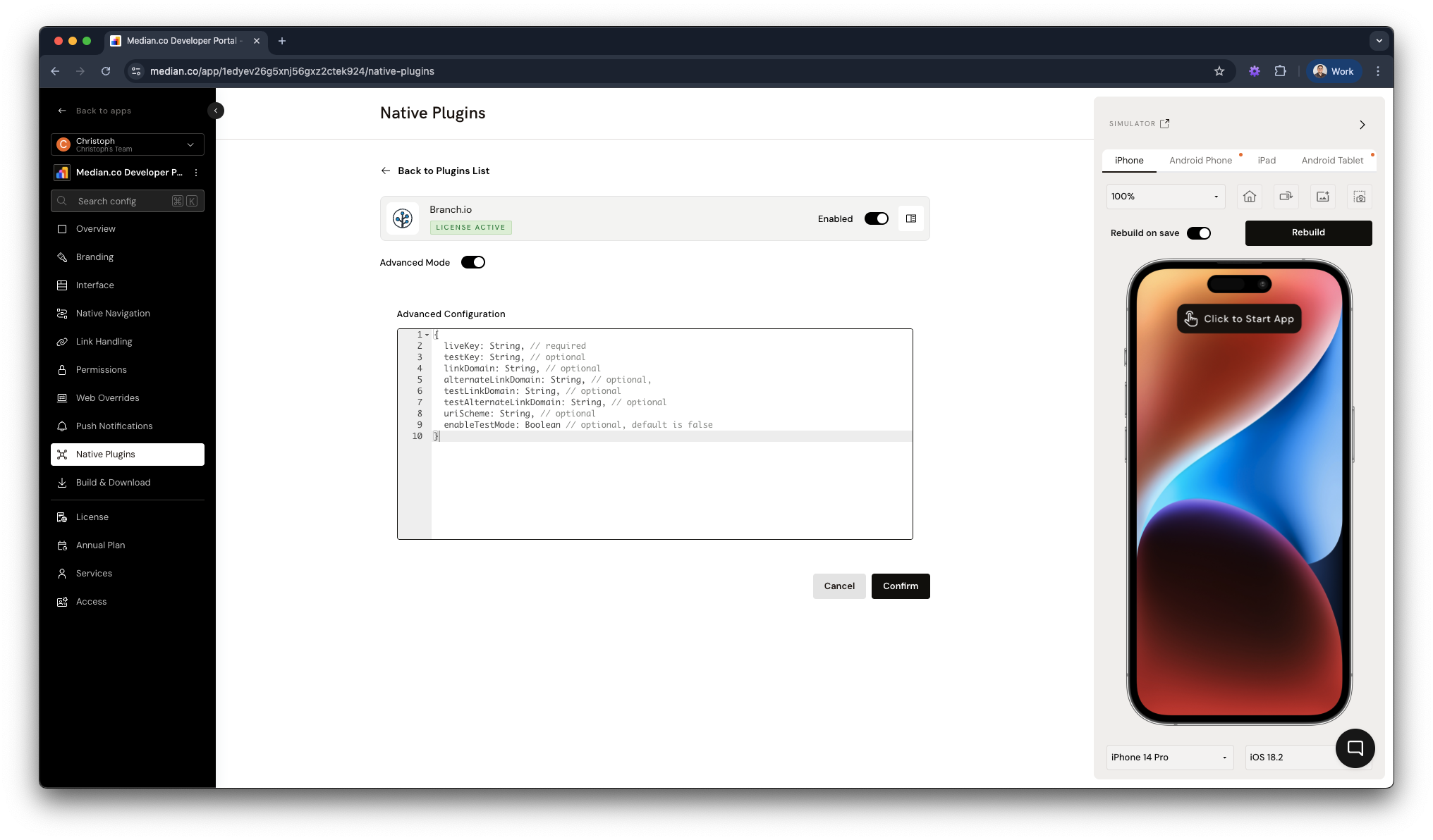 Branch.io Plugin Configuration