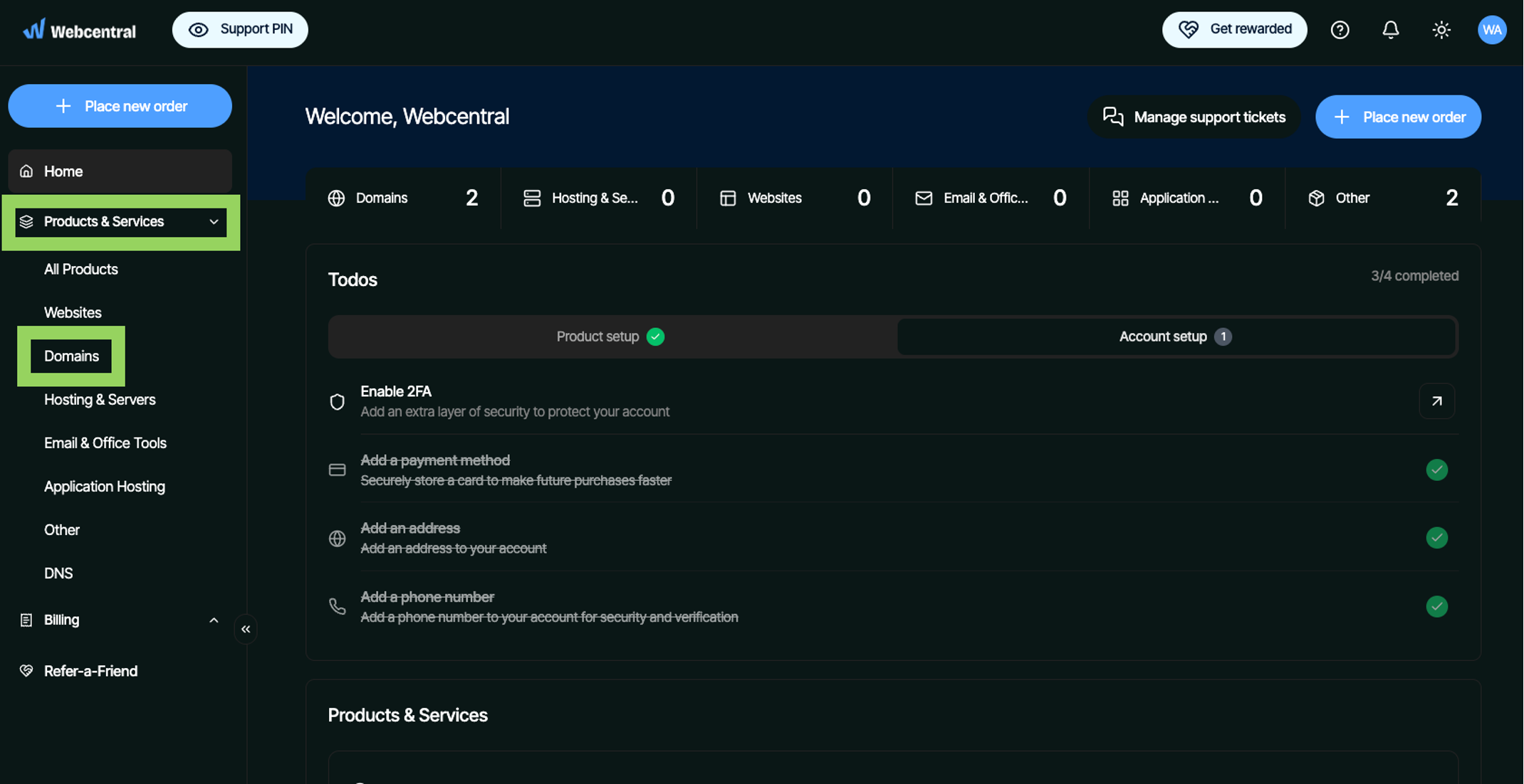Webcentral console with Products & Services expanded and Domains highlighted in the left sidebar