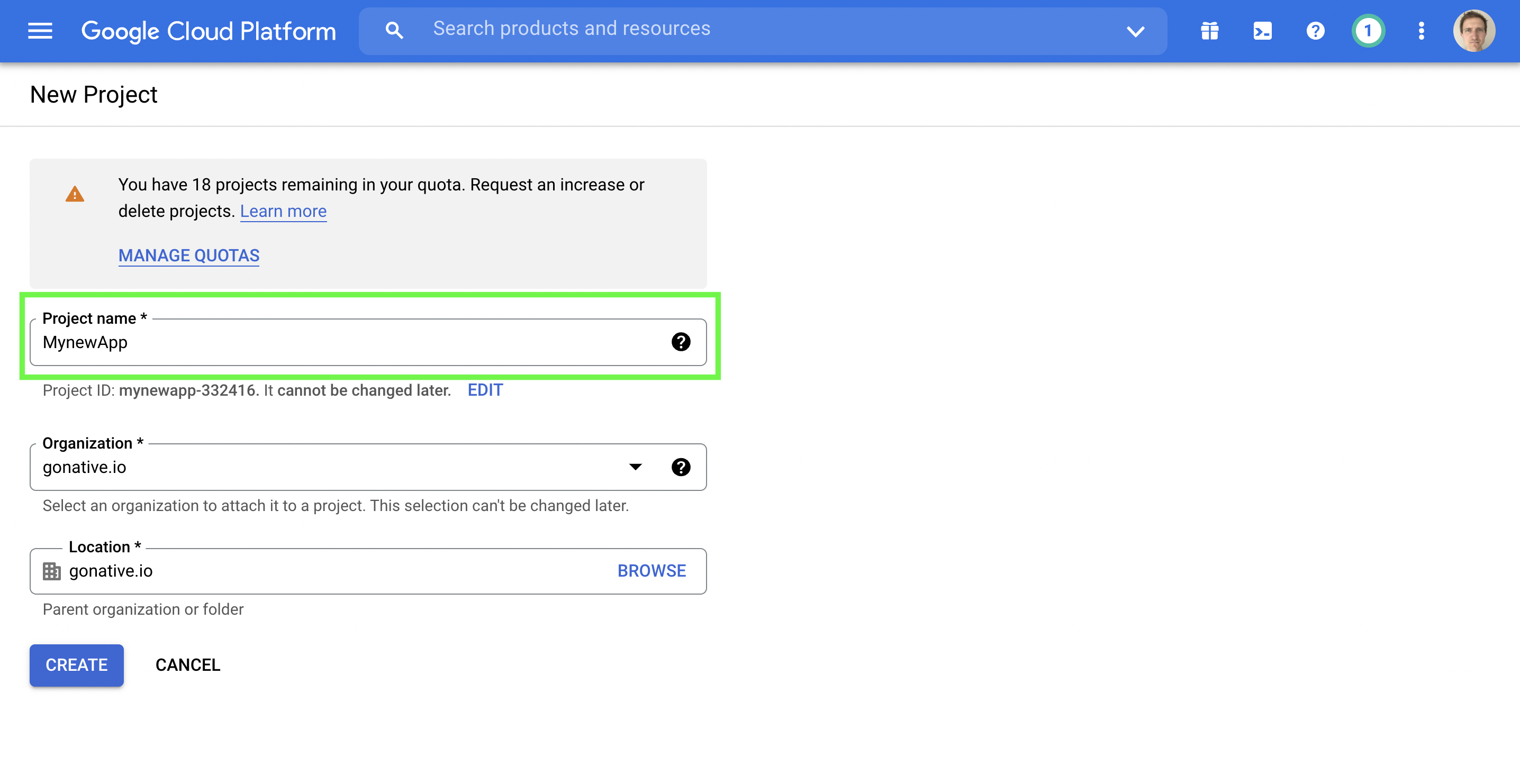Log into your Google Platform Account and create a new project.