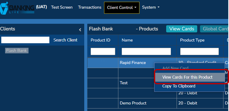 Cards screen: selecting view cards for this product