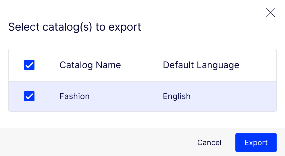 screenshot of the catalog selection list for export