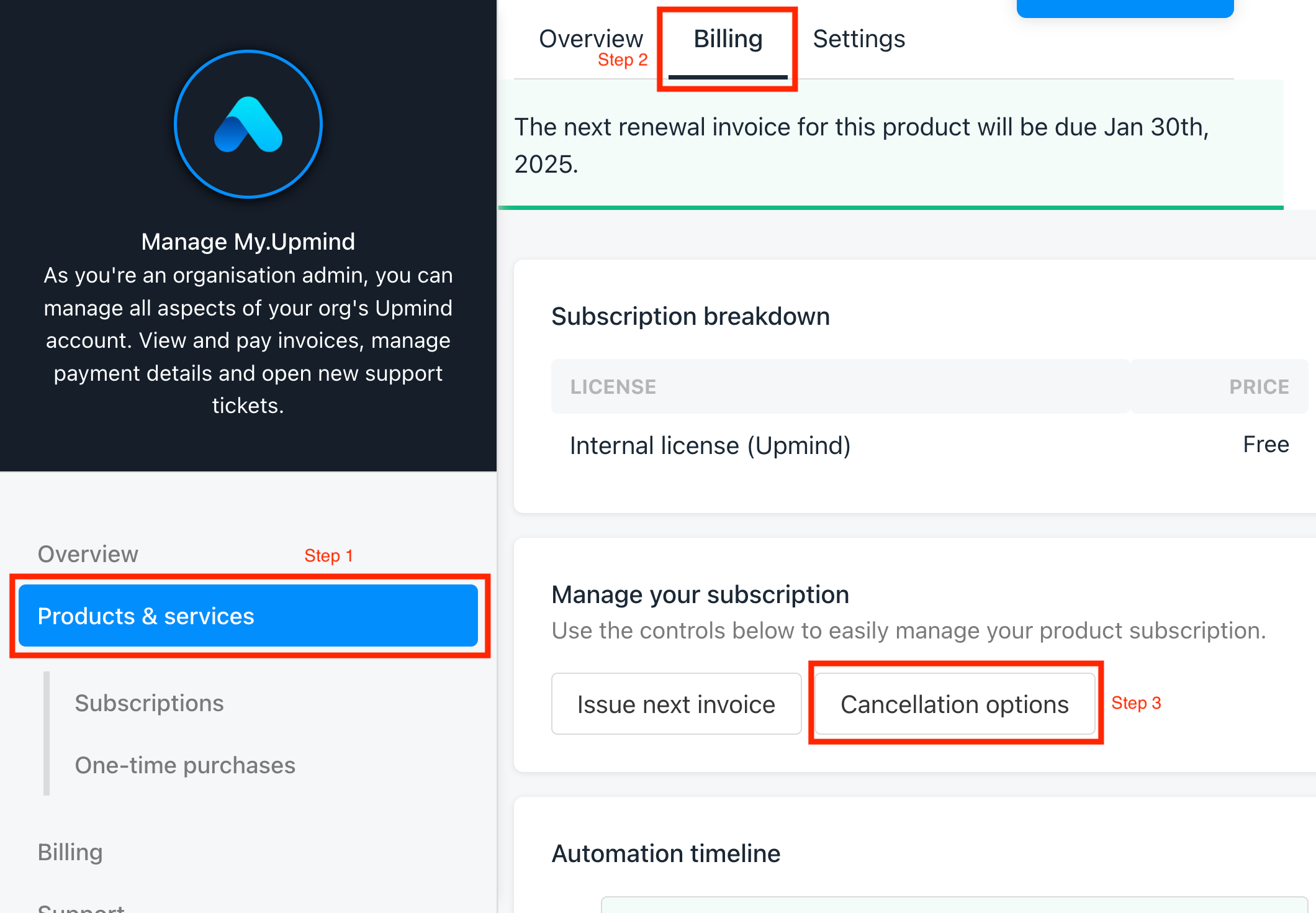 Billing > Cancellation option