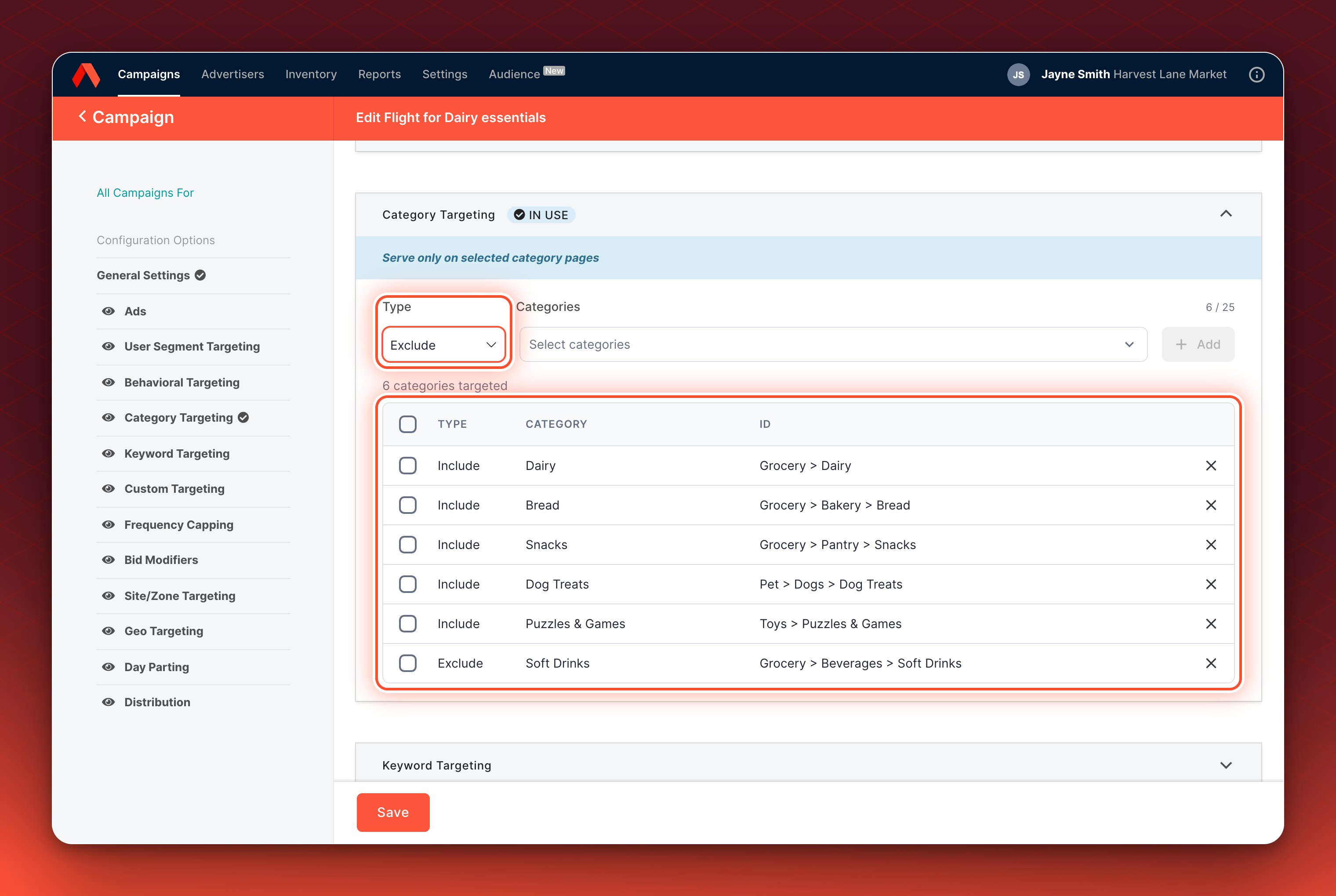 The Category Targeting panel with Type set to Exclude. The table lists five Include rows and one Exclude row, Soft Drinks.