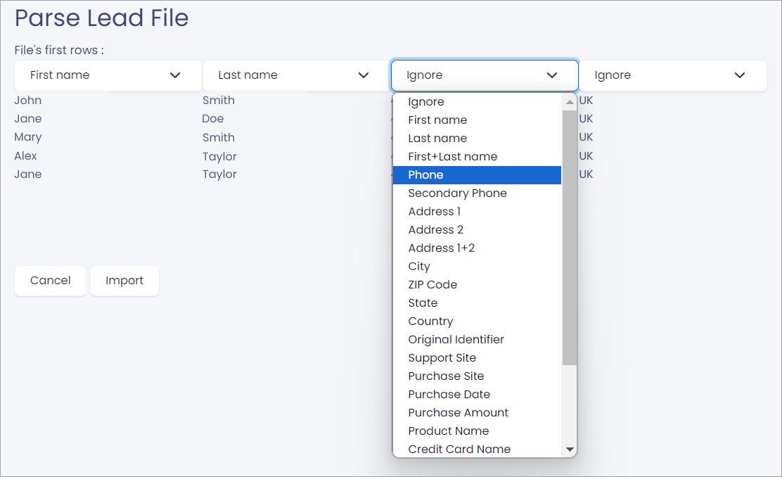 Screenshot of mapping data columns