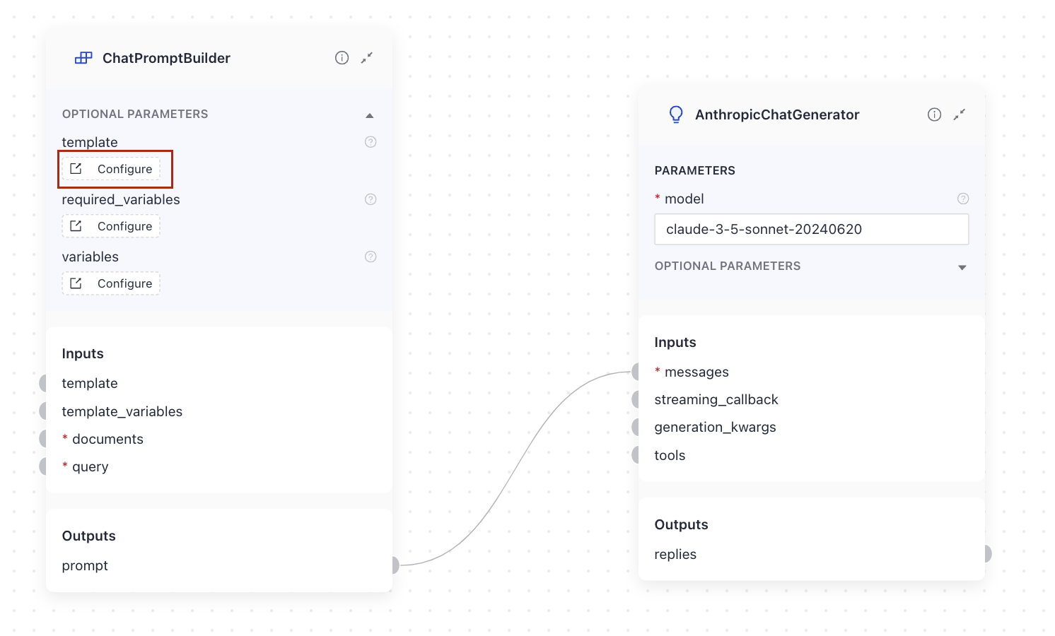 ChatPromptBuilder connected to AnthropicChatGenerator in Pipeline Builder