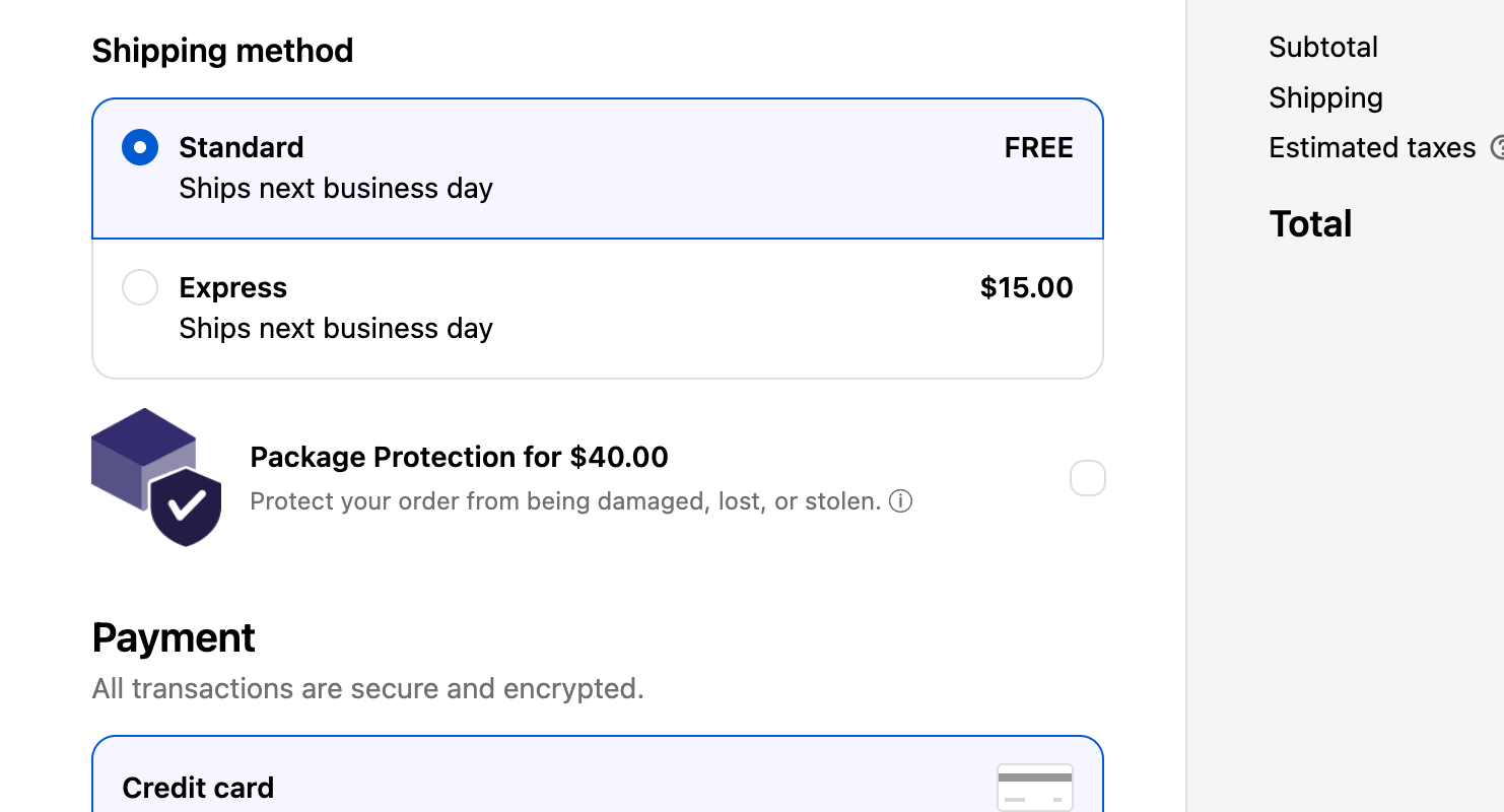 Package Protection card below the shipping options in Shopify checkout