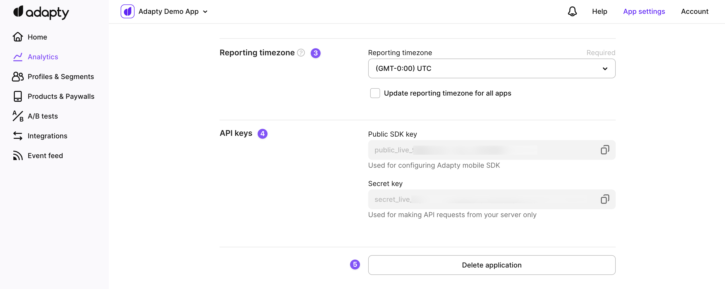 App settings - reporting timezone, API keys and deleting the app