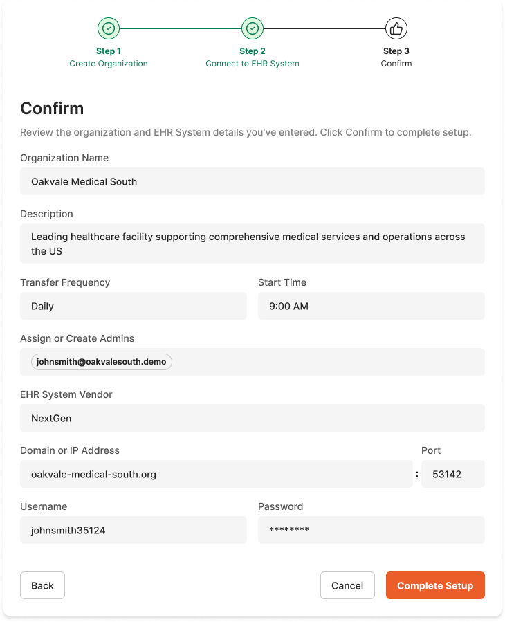 Completed organization creation form with all required fields filled