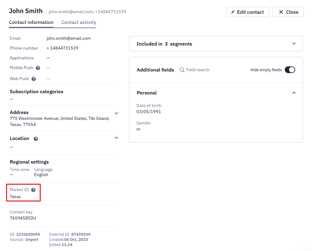 Contact information tab with the Market ID field highlighted in a red box