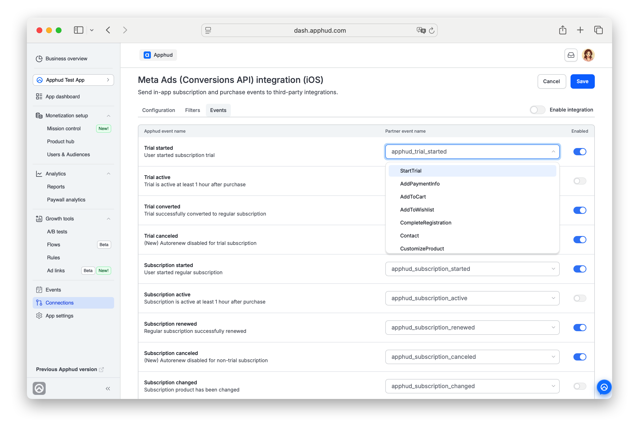Apphud - Meta (Facebook) CAPI events mapping