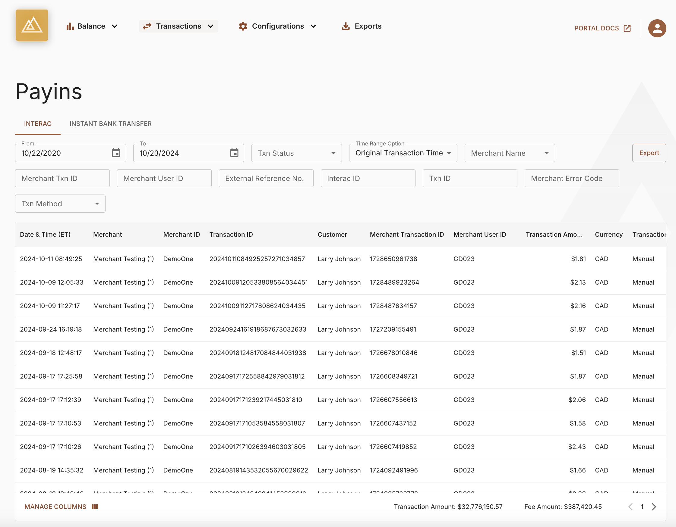 Payins Reporting Table