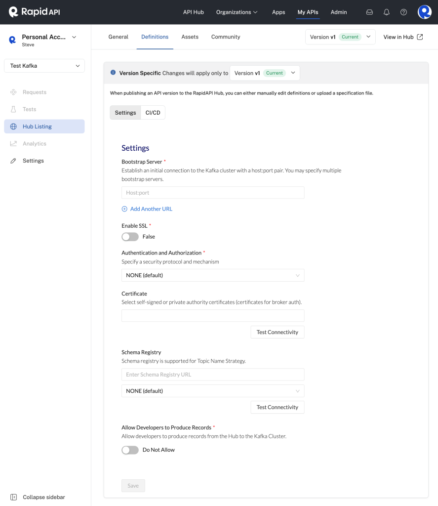 Setting Kafka details using the Definitions tab.