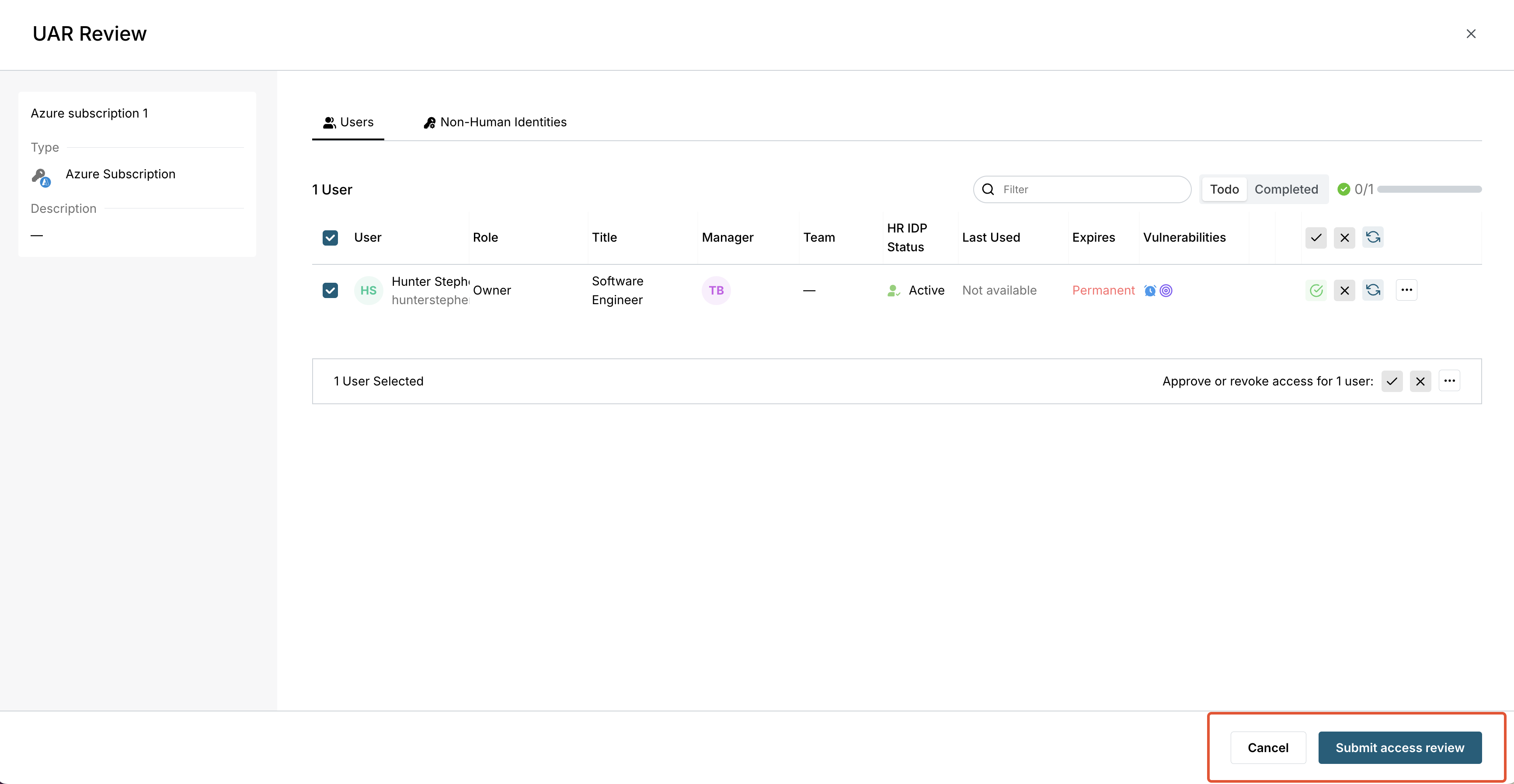 Submit reviews to mark approvals and revocations for users or resources.
