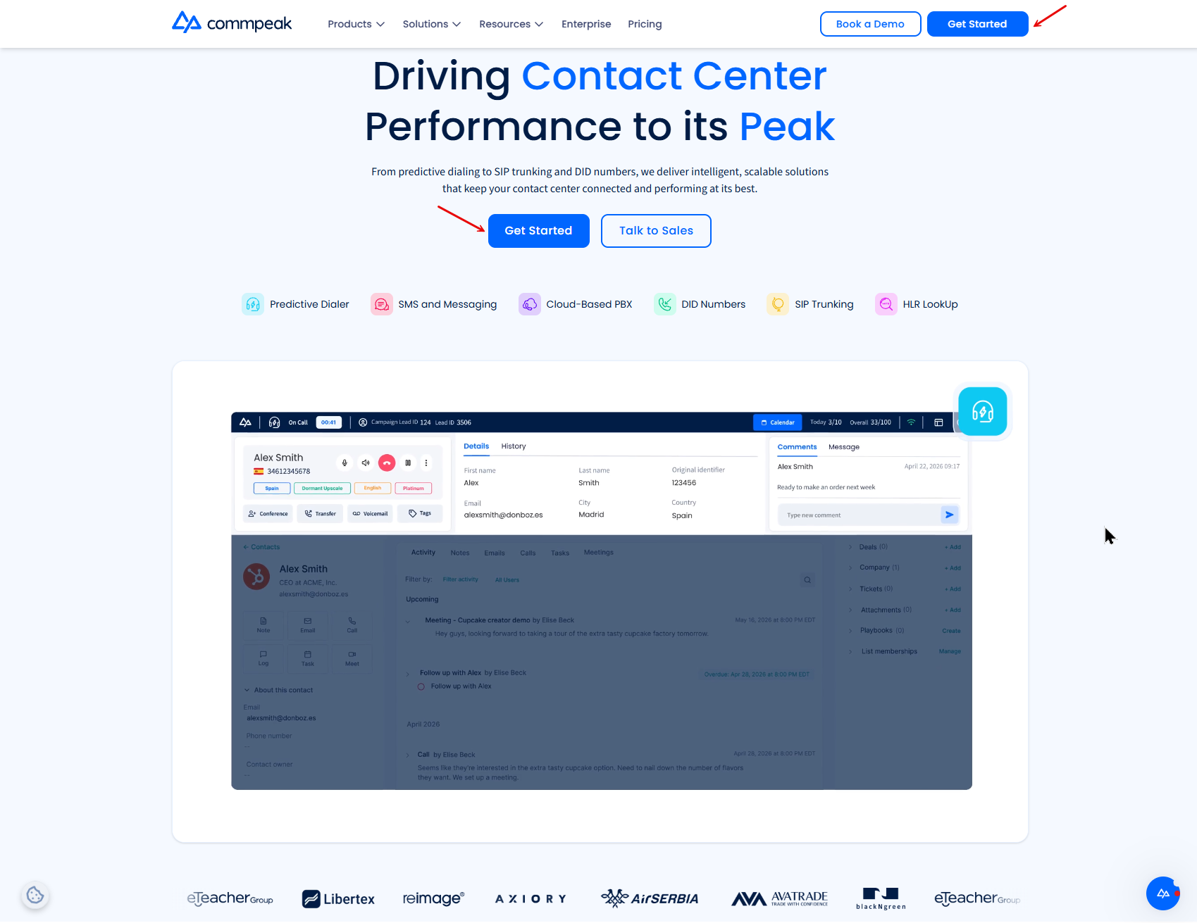 Screenshot of CommPeak Home page: Get Started button