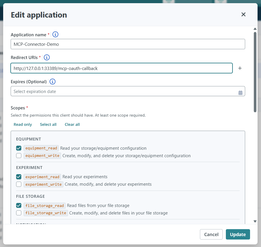 SciSure Research OAuth application configured with the LM Studio callback URL and read-only scopes