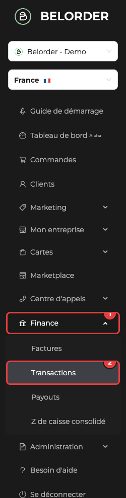 Menu Finance du dashboard, avec Transactions en deuxième étape du parcours