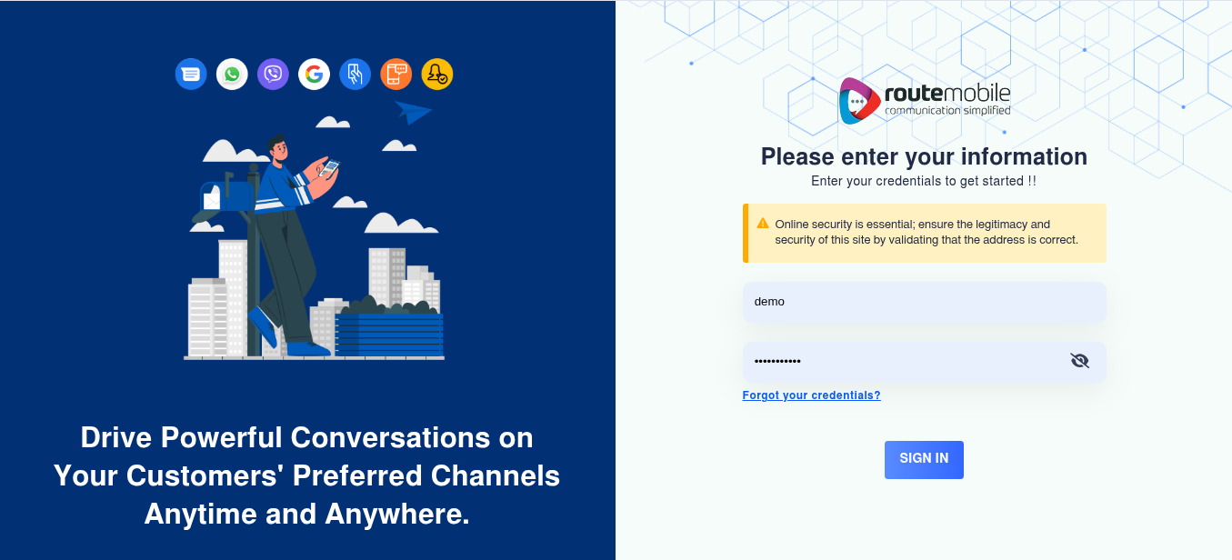 Route Mobile login screen with username and password fields and a Sign In button