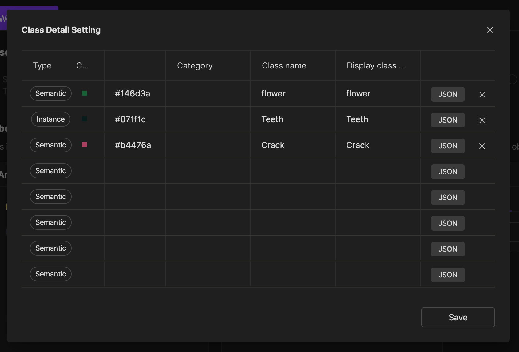 Segmentation class setting window