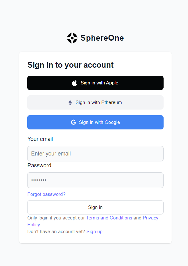 NOTE: The open inputs for email address and password doesn’t work with social accounts, like Google or Apple. This sign-in method must initially be created through the “Sign Up” flow in order to work for later sign-in attempts.