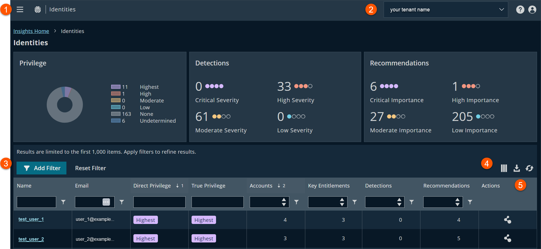 The **Identities** page allows you to view an individual user's potential levels of access and risk.