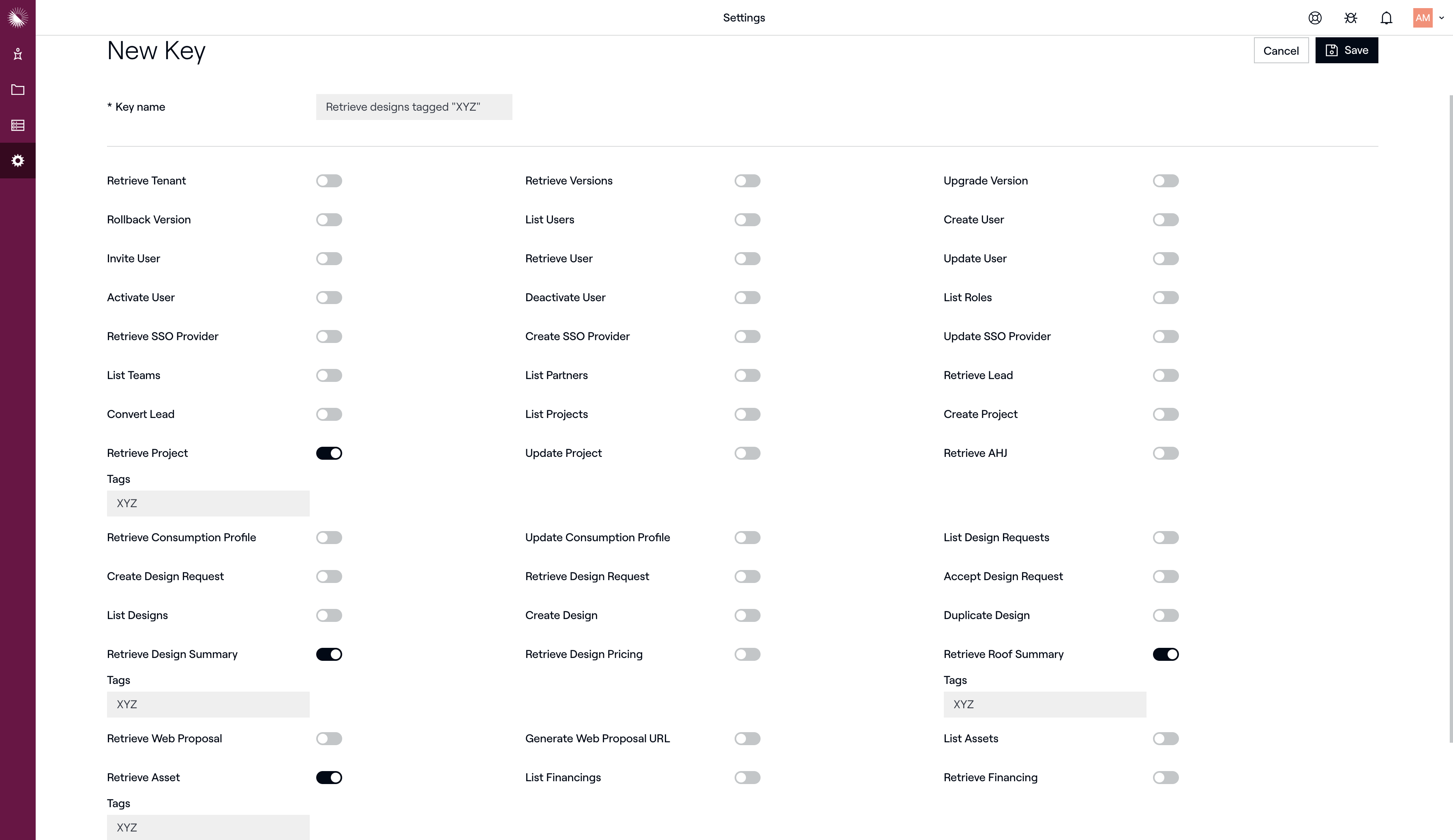 The restricted key will have access to four endpoints and only projects and child designs and assets tagged with “XYZ.”