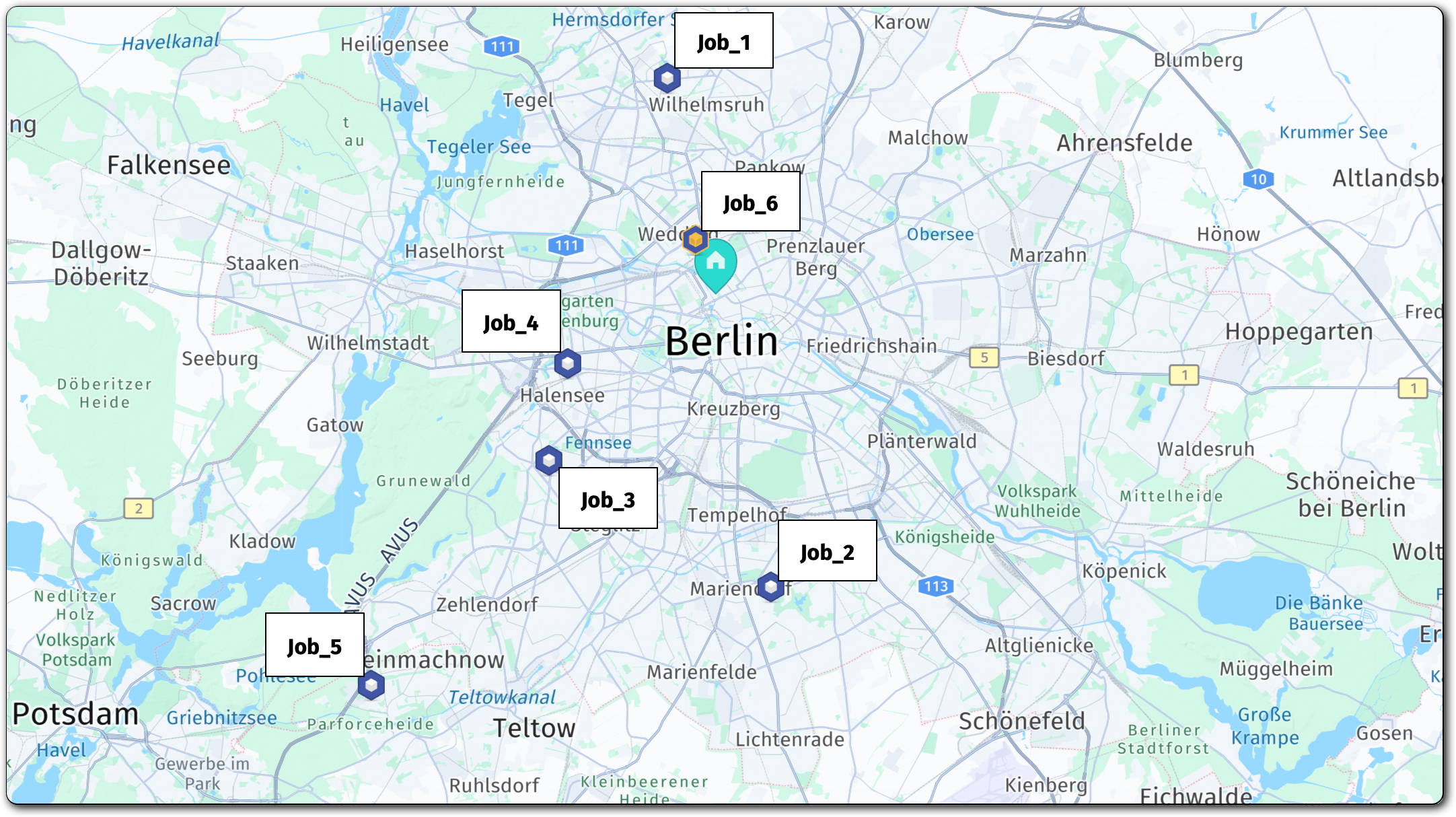 Depot and job locations visualized on a map