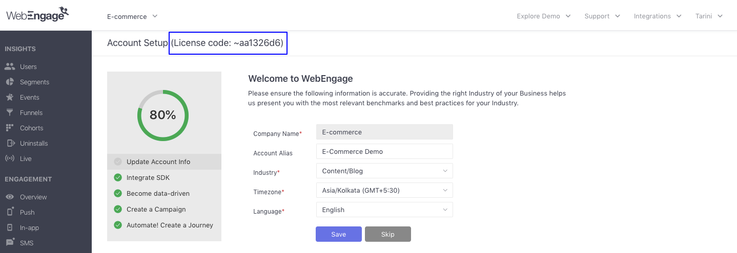 Locating your WebEngage license code