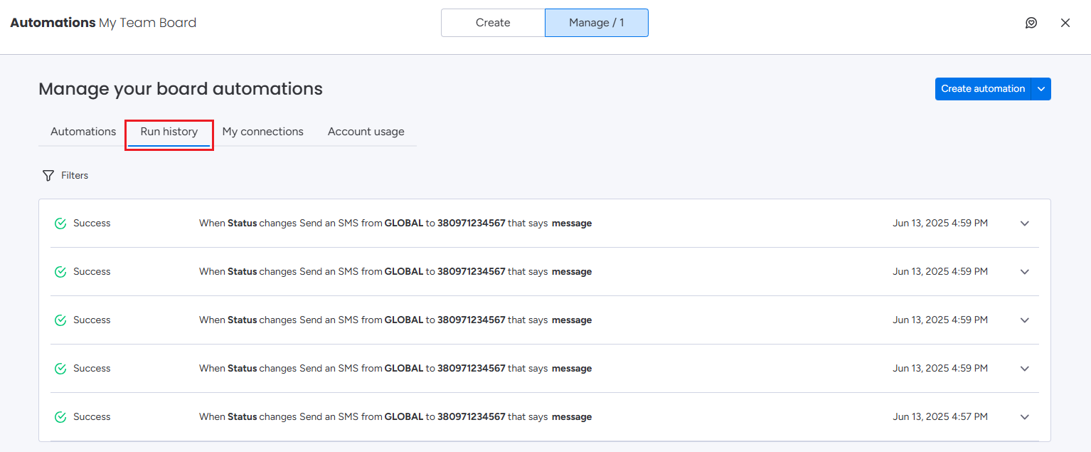 Screenshot of the Run history tab