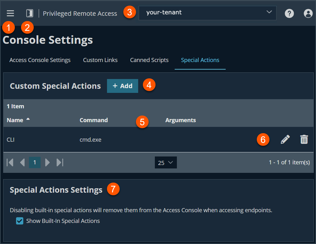 An image of BeyondTrust Privileged Remote Access interface showing the 'Console Settings' page with the 'Special Actions' tab selected. The page includes sections for Custom Special Actions and Special Actions Settings. One custom action is listed with Name 'CLI', Command 'cmd.exe', and no Arguments. Edit and delete icons are available for the action. A checkbox labeled 'Show Built-In Special Actions' is checked in the Special Actions Settings section.