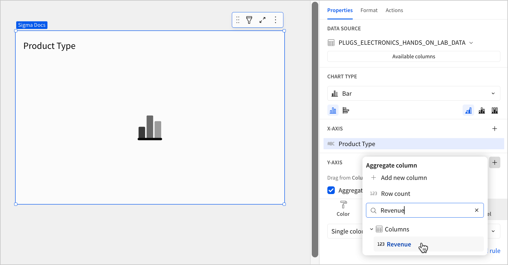A workbook page with a blank chart titled "Product type", with the cursor hovering over a column named Revenue in the Add column popover, and the word Revenue entered into the search box.