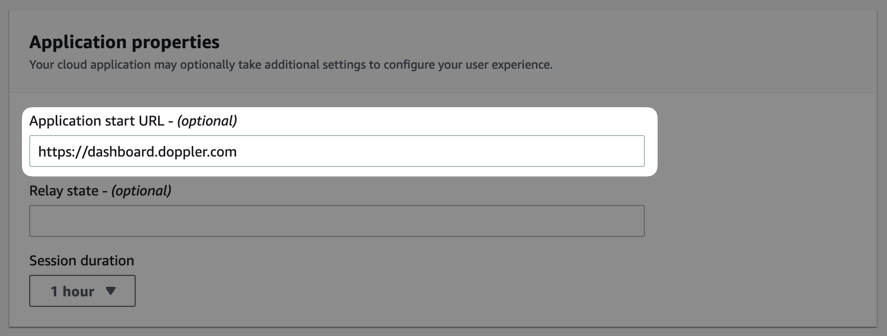 Screenshot of AWS Identity Center UI showing application properties