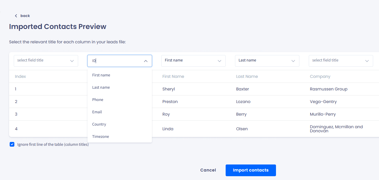 Screenshot of the **Imported Contacts Preview** page with the **Ignore first line of the table** option selected