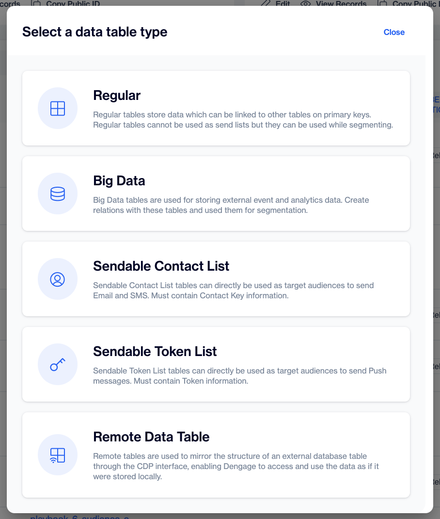 Select a data table type dialog in Dengage with the Remote Data Table option". Caption: Remote Data Table under Data Space > Tables > +New.