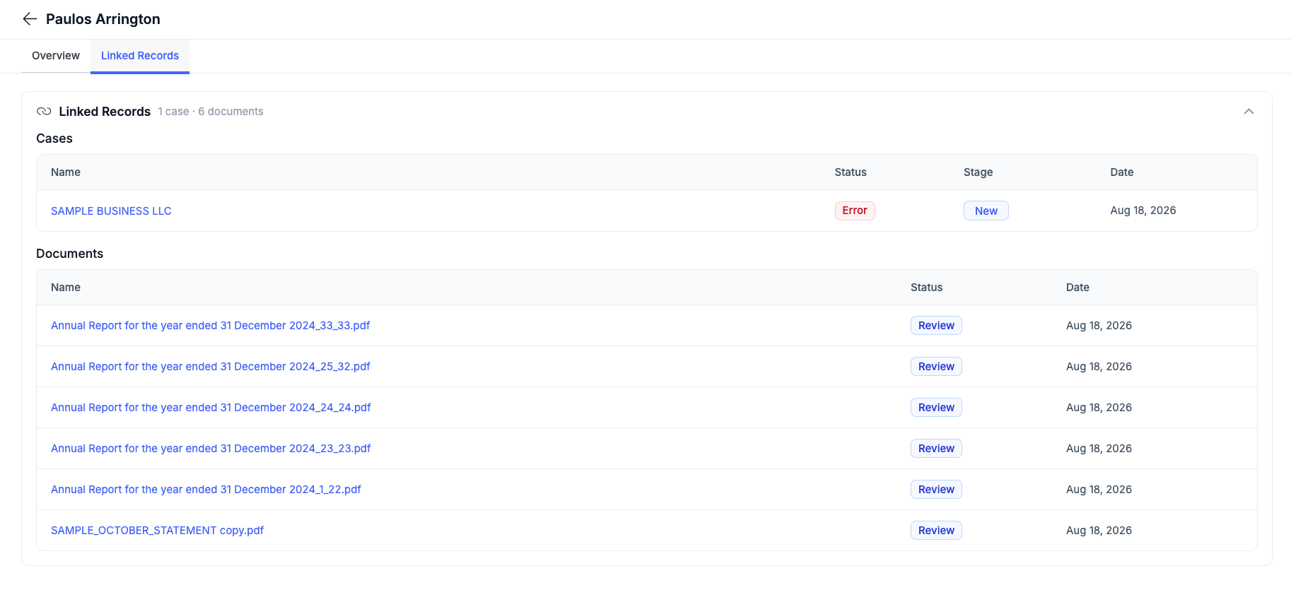 Linked Records tab of a record
