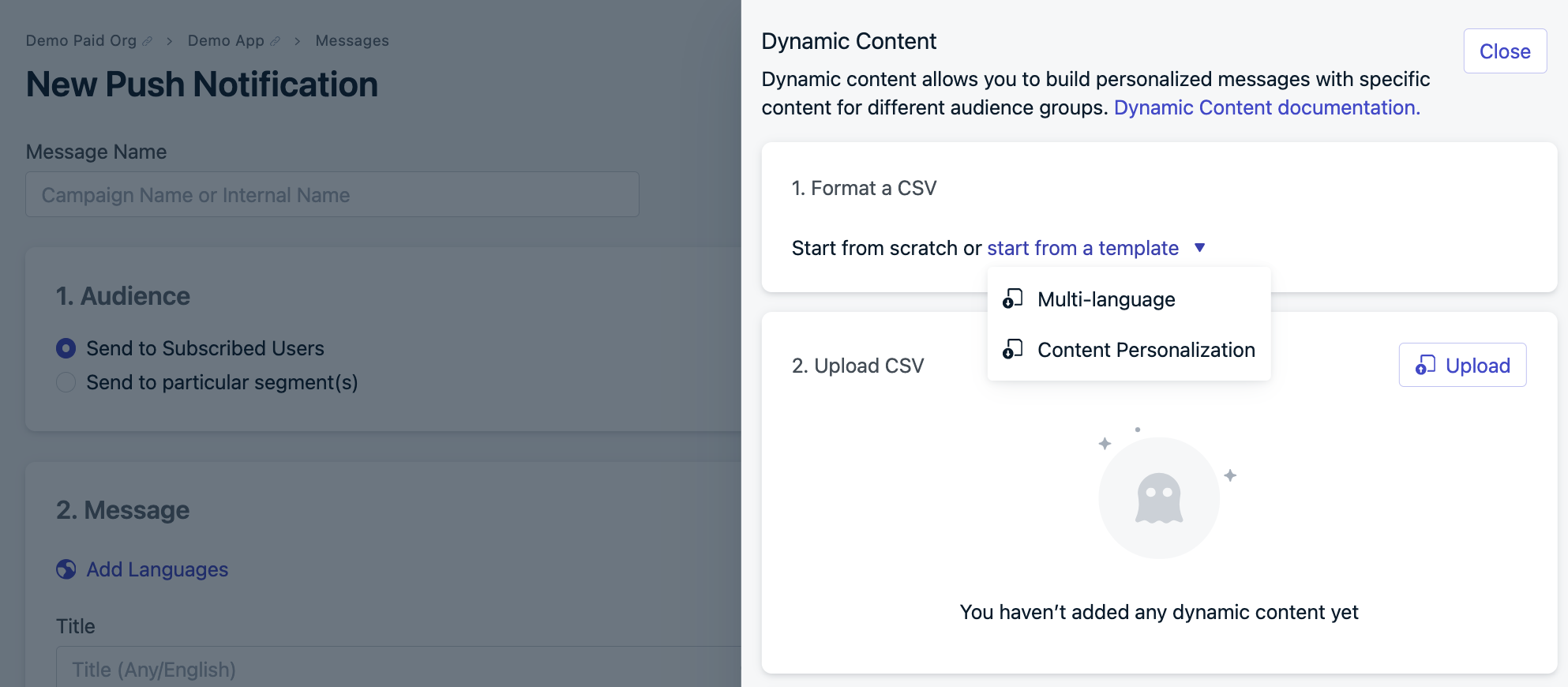 CSV template options provided by OneSignal.