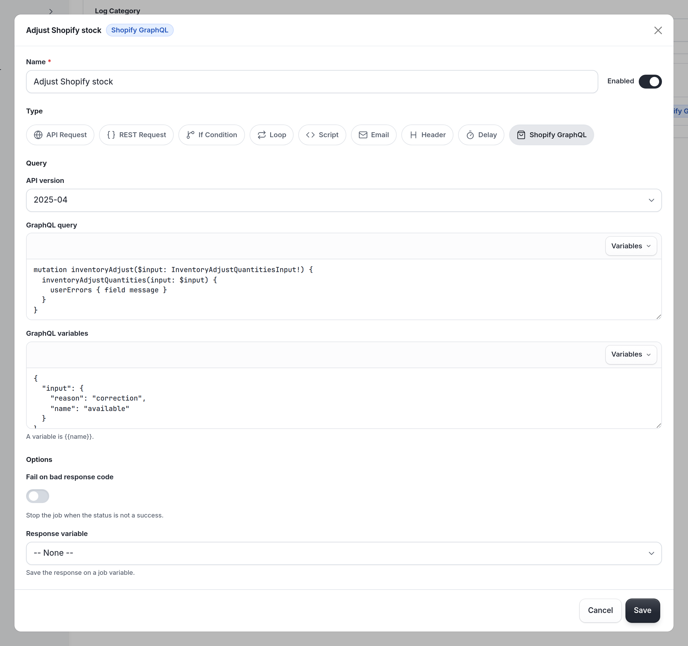 A Shopify GraphQL step has an API version, a query (here, inventoryAdjustQuantities) and JSON variables. Use {name} to insert a job variable.
