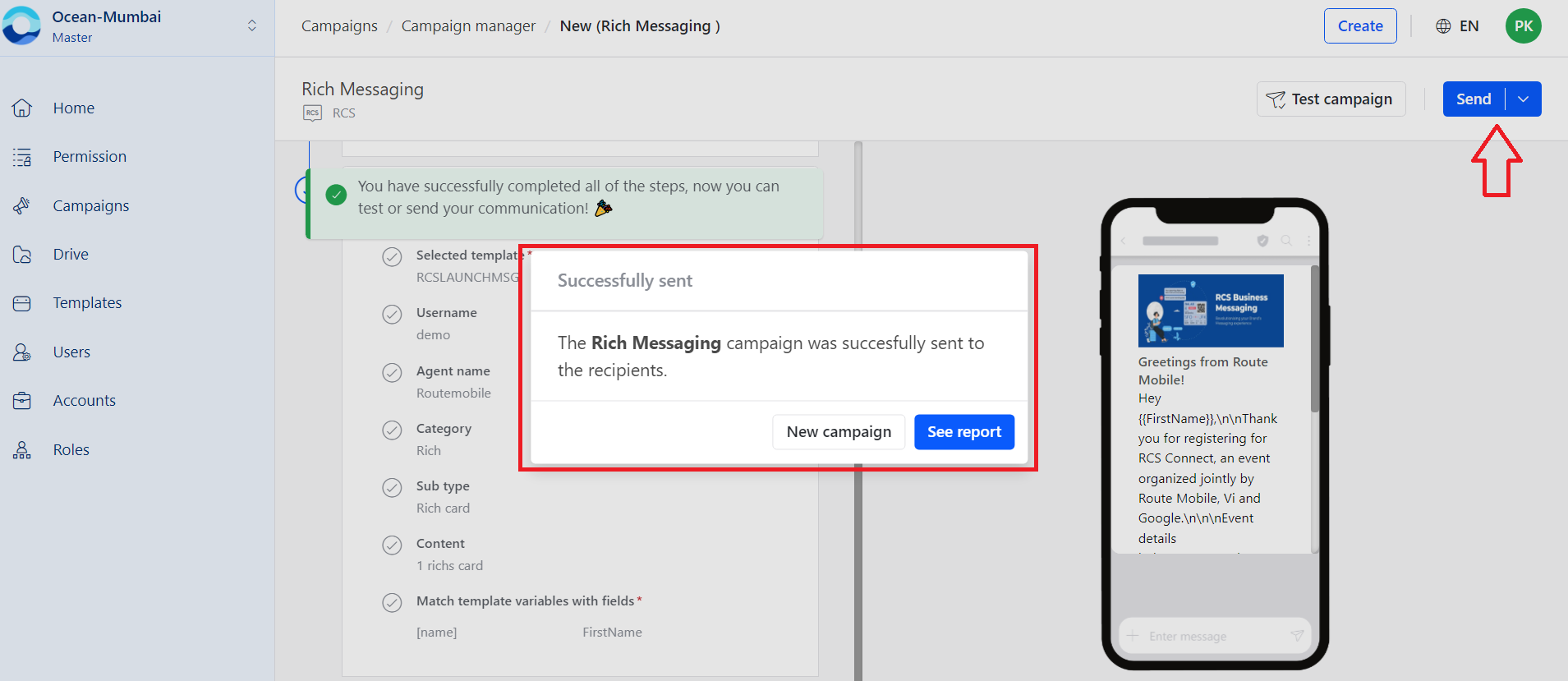 RBM send campaign confirmation