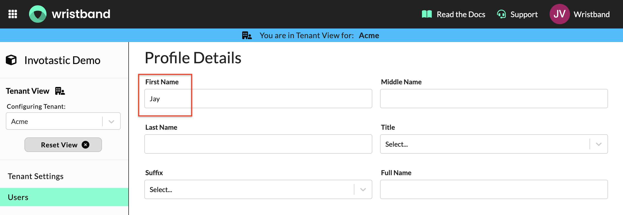 Wristband: Edit User page showing Profile Details form with First Name populated via attribute syncing