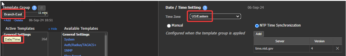 East Template Group Time settings.
